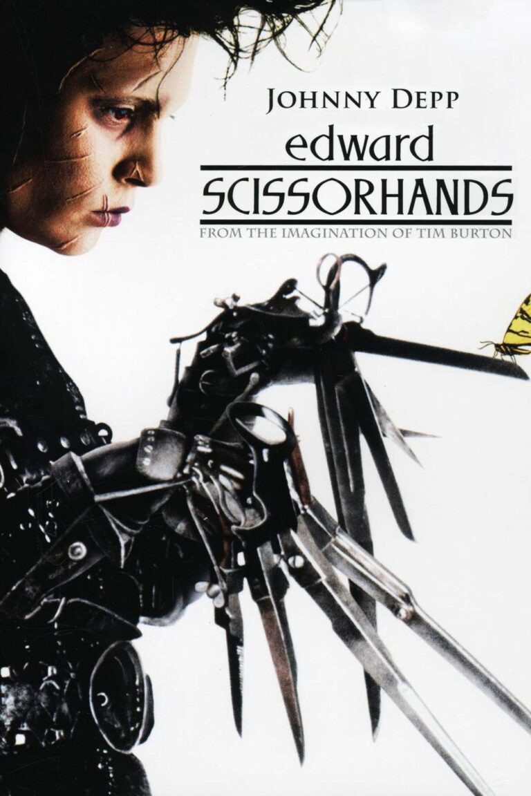 Affisch av filmen Edward Scissorhands, en man med ett par händer av saxar och en gul fjäril på spetsen av en sax