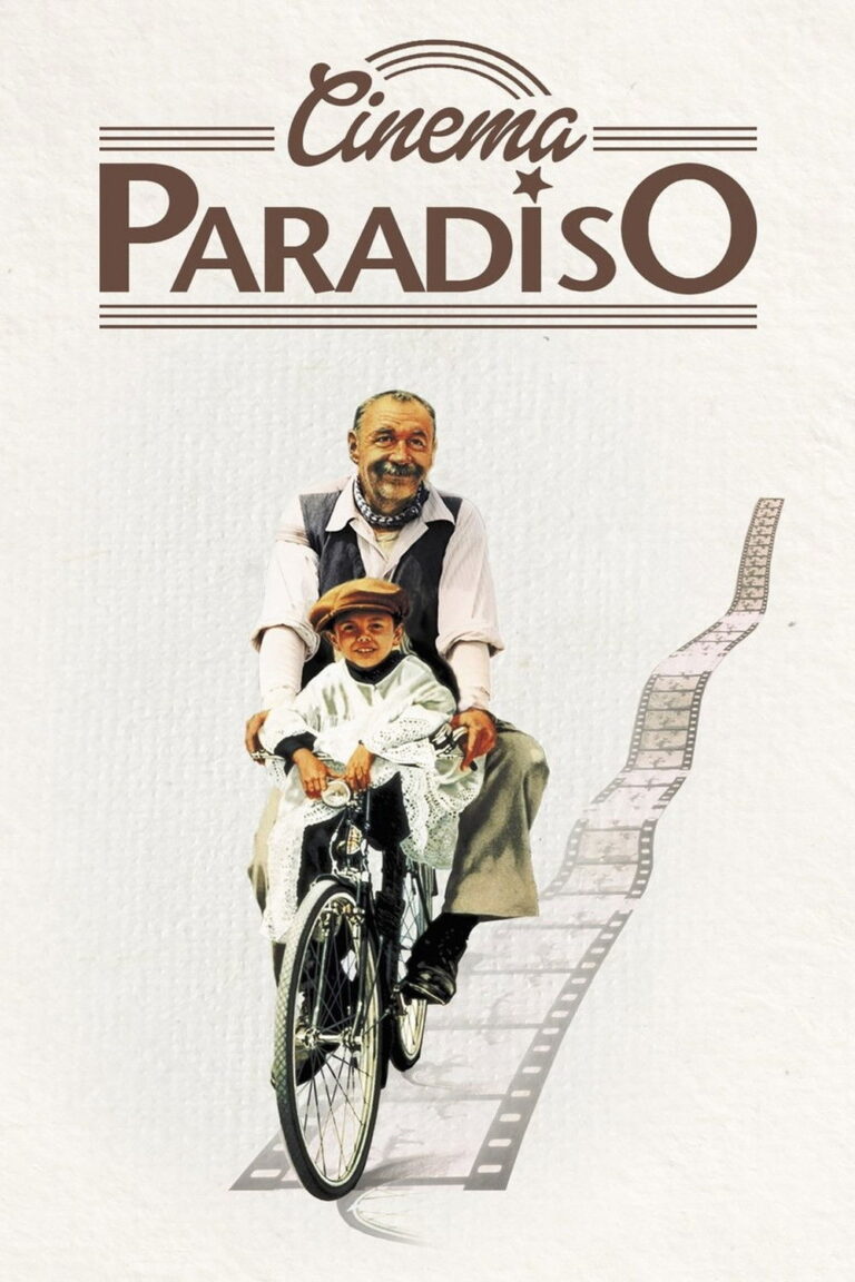 Affisch av filmen Cinema Paradiso(Nuovo Cinema Paradiso), illustrerad ritad bild av en gammal man som cyklar ner för en backe med en pojke i famnen och cykeln