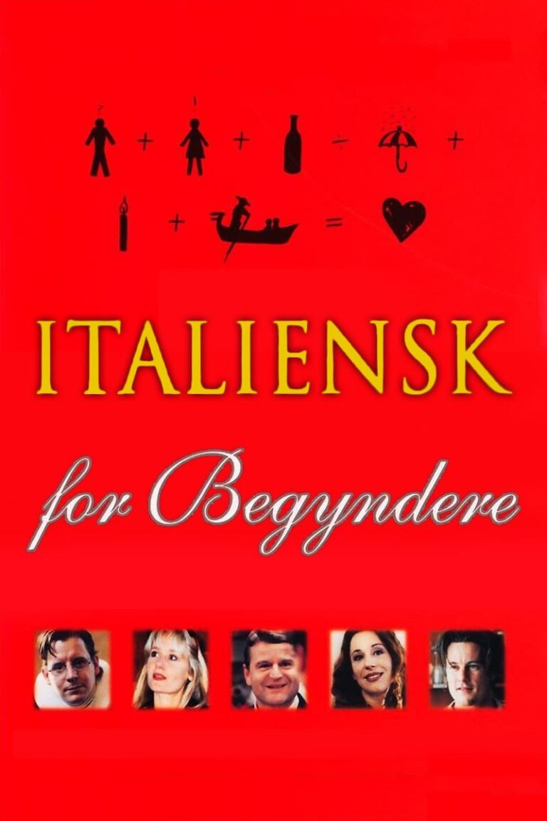 Affisch av filmen Italienska För Nybörjare(Italiensk for begyndere), en röd affish med små porträtt i rutor vid botten av bilden och illustrerade figurer på toppen