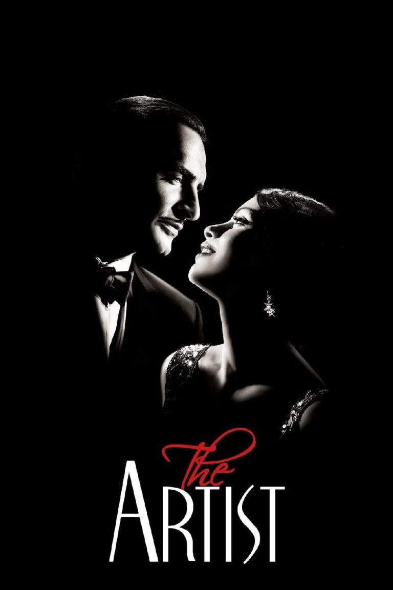 Affisch av filmen The Artist, svartvit bild med ett romantisk tema av en man i kostym och fluga som håller om en kvinna i klänning