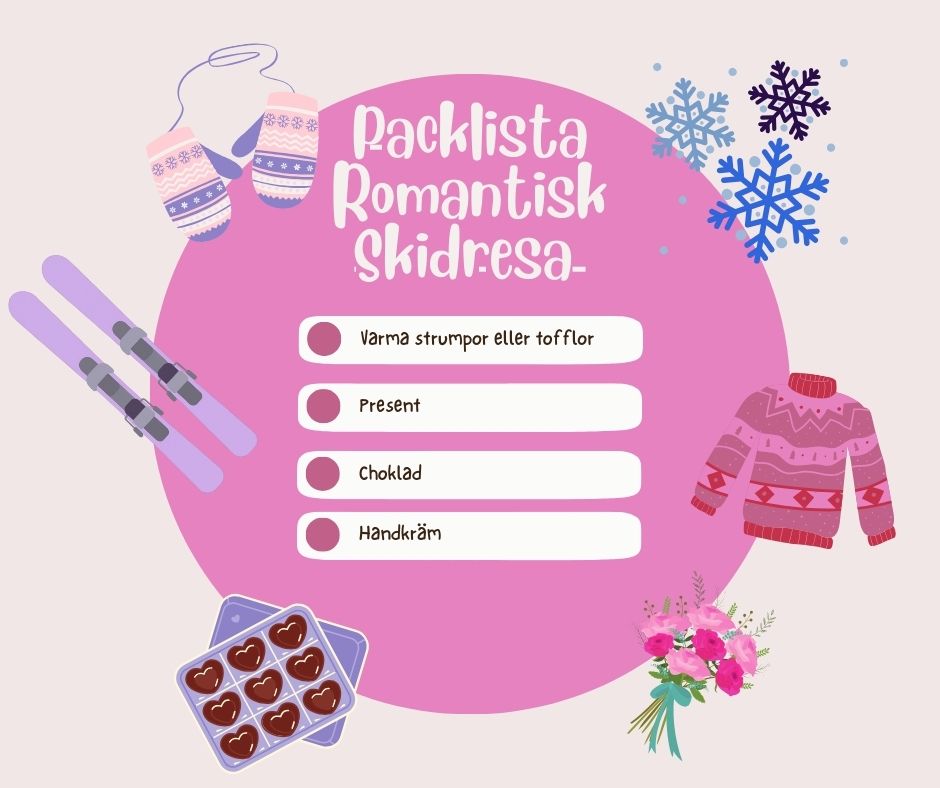 en illustrerad bild av packlista för romantisk skidresa med figurer av skidor, stickad tröja, blommor, choklad och vantar